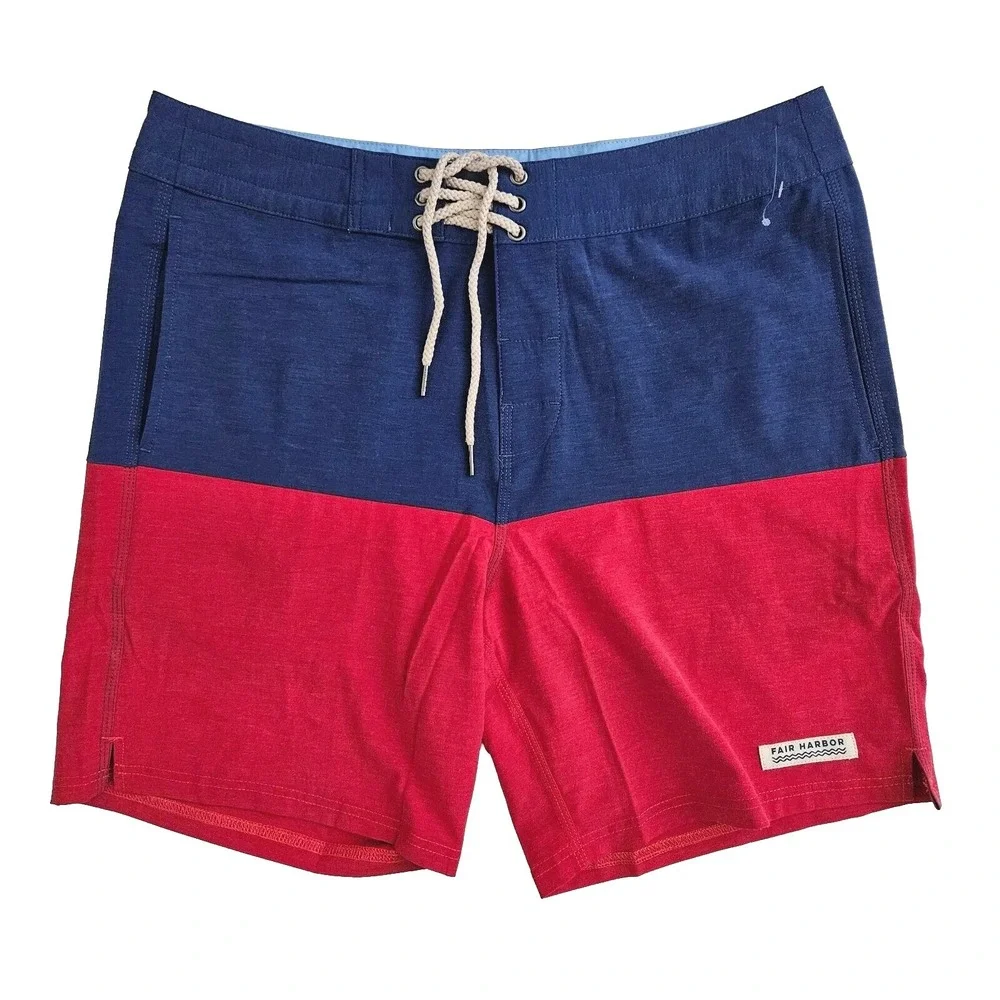 Fair Harbor Men's 33‎ Blue Red Board Shorts Colorblock Swim Trunks Surf Nautilus